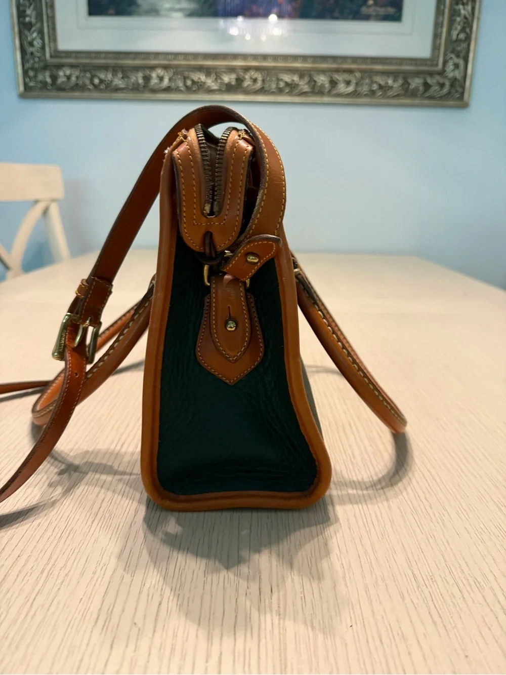 Vintage Dooney & Bourke Green Pebble Leather Crossbody with Brown Trim